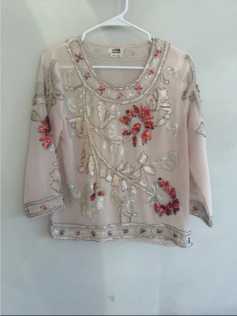 Beaded Designer Long Sleeve Sequins Shirt Beige Holly Bracken Small S Top Blouse